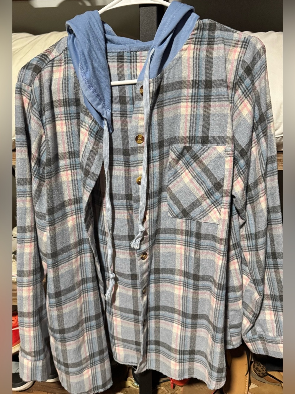 SHEIN Blue Plaid Hooded Button-Up Jacket with Pink Accents